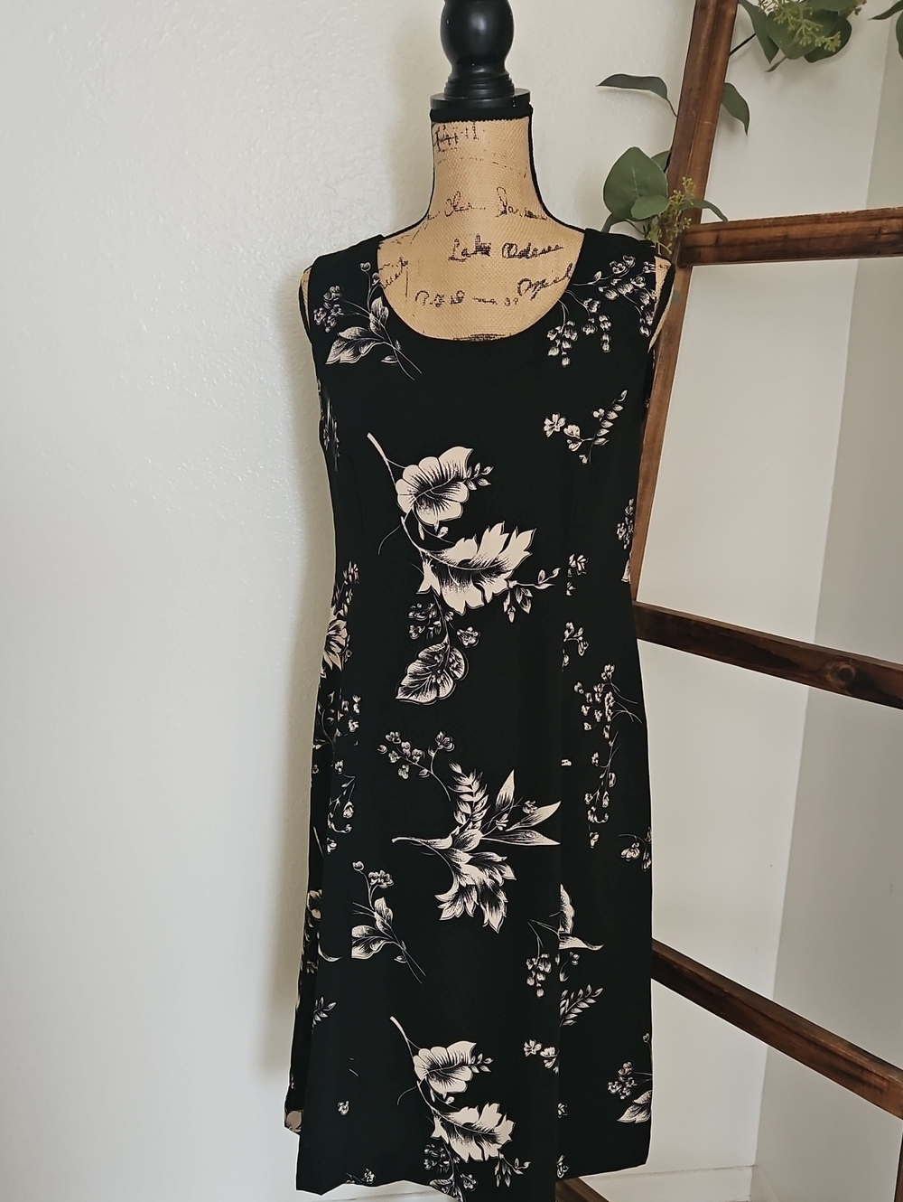 Size 14 Womens Studio Black Midi Dress with Cream Floral Print